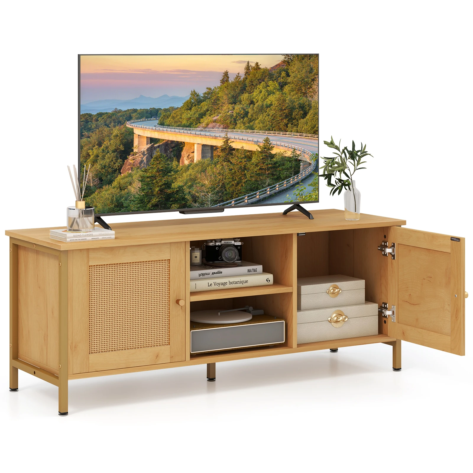 TV wardrobe rattan low Board with 2 doors and open shelves, TV stand for television up to 55 inch TV table TV wardrobe