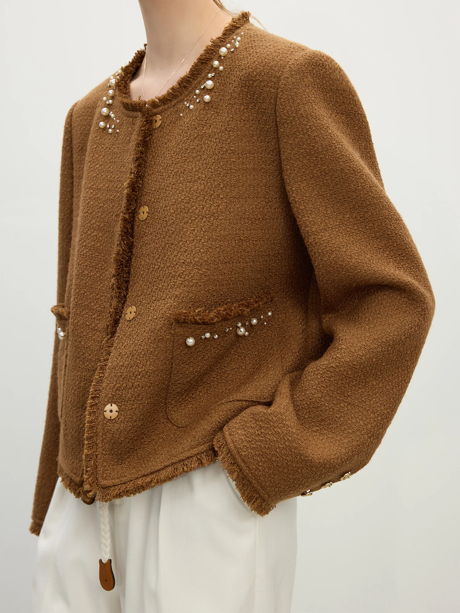 FSLE Office Lady French Short Jacket for Spring 2025 New Wool Texture Heavy Industry Nail Bead Top Casual Loose Coats 25FS11059