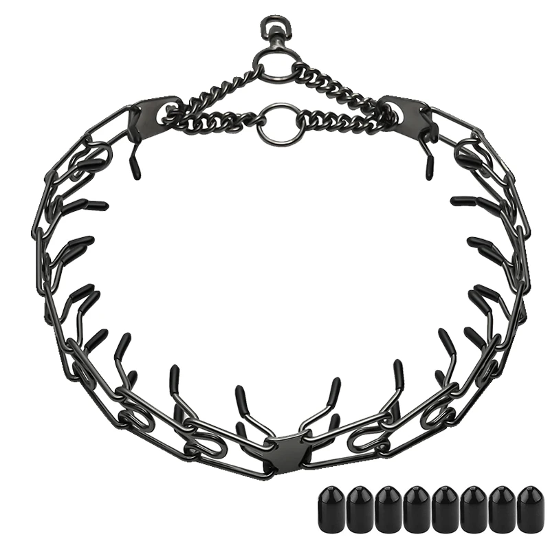 

Metal Dog Training Prong Collar Removable Black Pet Link Chain Adjustable Stainless Steel Spike Necklace with Comfort Rubber Tip