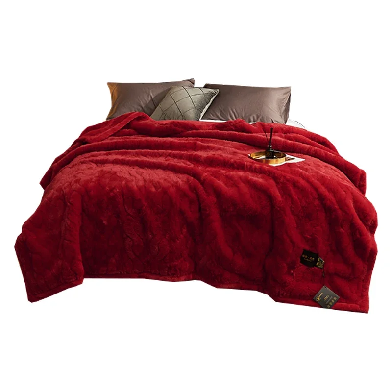 Wedding blanket Thickened imitation rabbit fur grass blanket Double wedding red blanket Keep warm in autumn and winter
