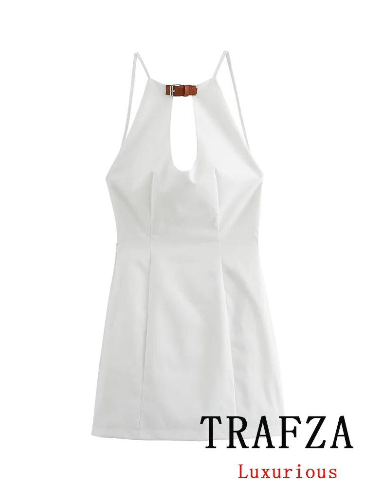 TRAFZA-Vestido corto recto de verano para mujer, minivestido blanco liso con espalda descubierta y cremallera, Estilo Vintage e informal, a la moda, 2024