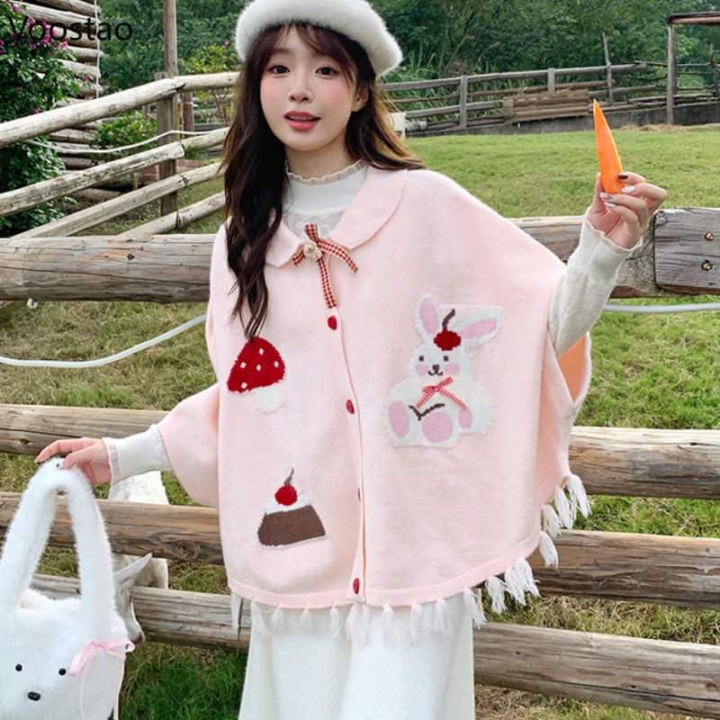 Preppy Style Sweet Lolita Knitted Cardigan Cloak Women Autumn Winter Cute Cartoon Bunny Tassels Loose Sweater Shawl Kawaii Coat