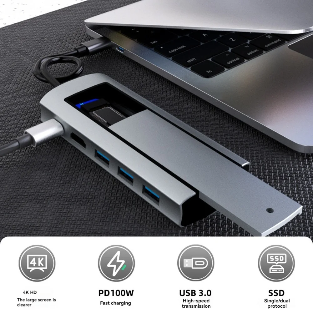 

Док-станция 6-в-1 с поддержкой PD и USB3.0X3 и слотом для SSD, быстрая, для ноутбуков-ABIU