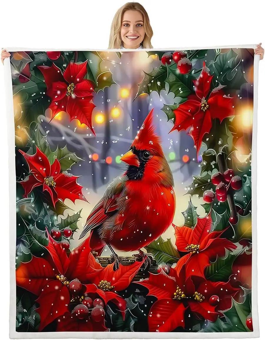 

Christmas Cardinal Fleece Throw Blanket Throw Ultra-Soft for Couch Bed,Merry Christmas Sherpa Blanket,Red Green Leaves Fuzzy