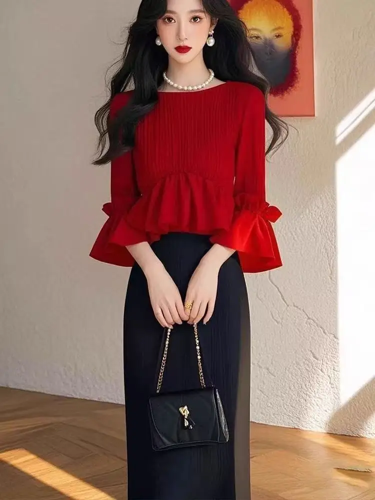

Cool Elegant Fashion O-neck Long Sleeve Ruffles Top Women+ Y2k High Waist Bodycon A-line Skirts 2025 Summer New Two Piece Sets