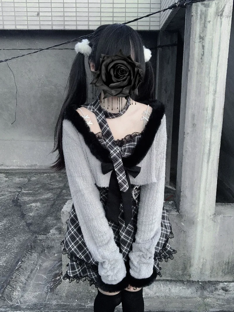 Outono inverno novo estilo japonês rojita sc jaqueta produzida em massa camisolas vestido e camisola conjunto de 2 peças roupas kawaii