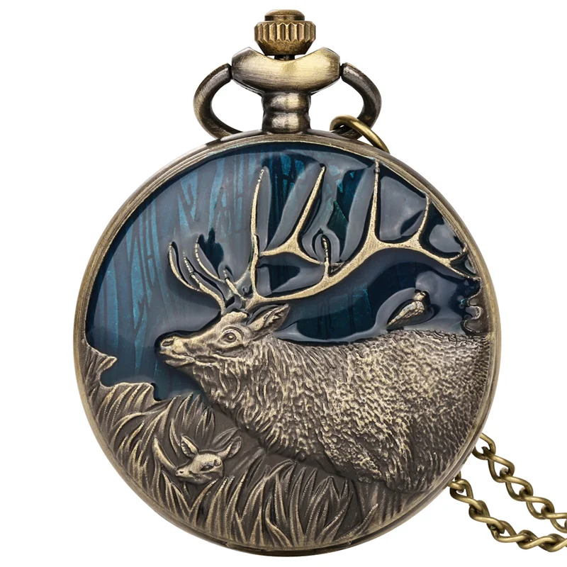 

Бронзовые карманные часы с рисунком лося и цепочкой, кварцевые часы для мужчин и женщин, часы с арабскими цифрами
