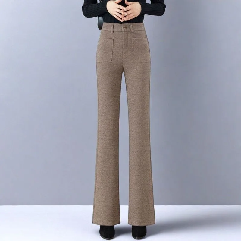 Women High Waist Flare Pants Solid Textured Fabric Button Zipper Closure Pockets Business Casual Long Trousers