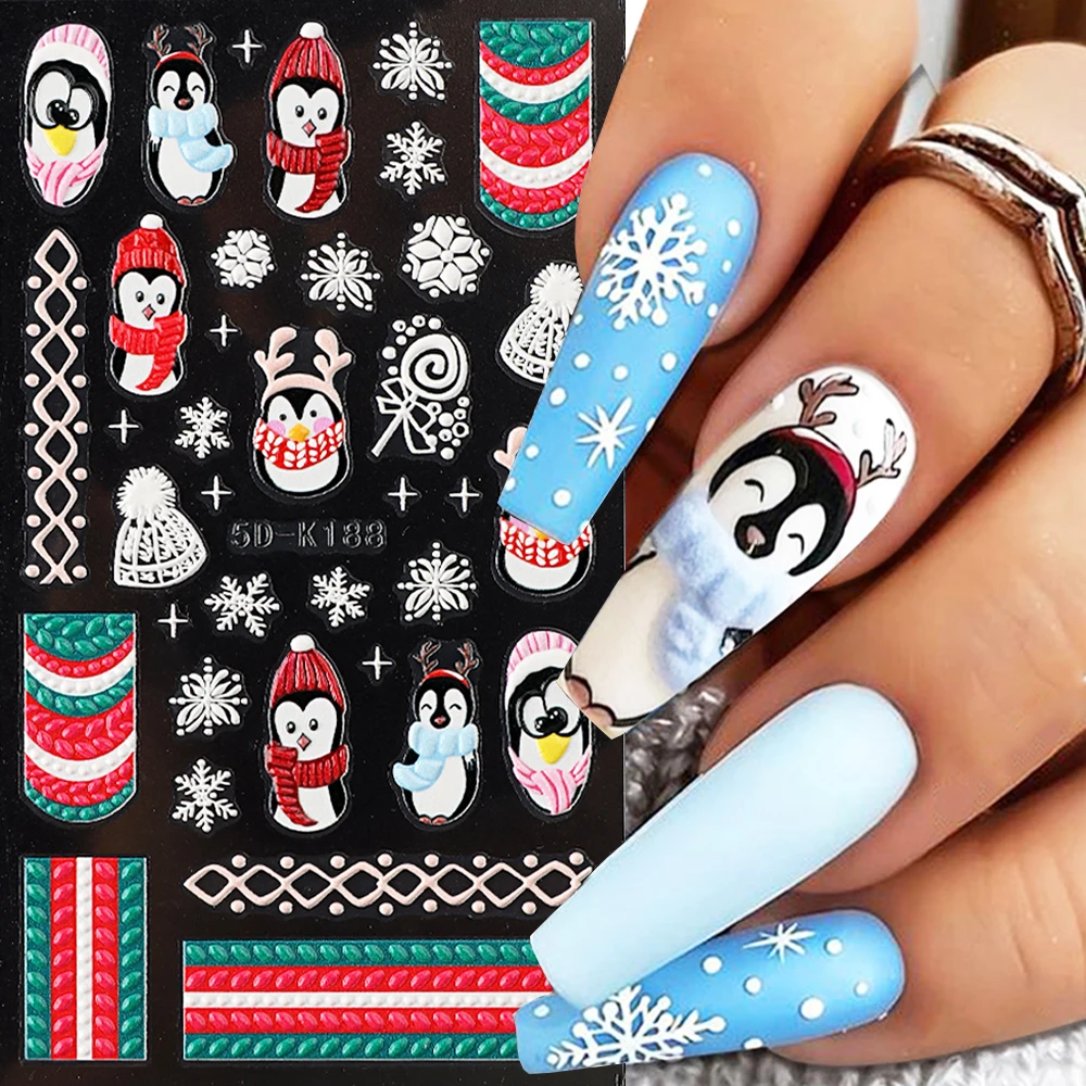 5D Christmas Penguin Nail Art Stickers Cartoon New Year Design Santa Claus Snowman Decals Winter Manicure Decors LEB5D-K188