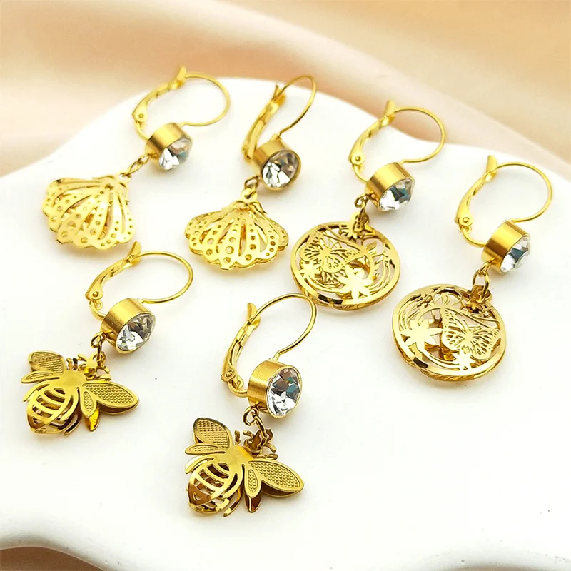 

Fashion Hollow Flower Butterfly Bee Stainless Steel Drop Earrings for Women Girls Gold Color Rhinestones Dangle Earring Jewelry