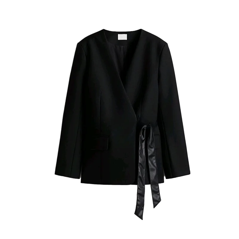 

Autumn New Women's Commuter Sle V-Ne Long Sve Belted Design Wrap Casual Suit Jaet Straight Cut Polyester Fiber