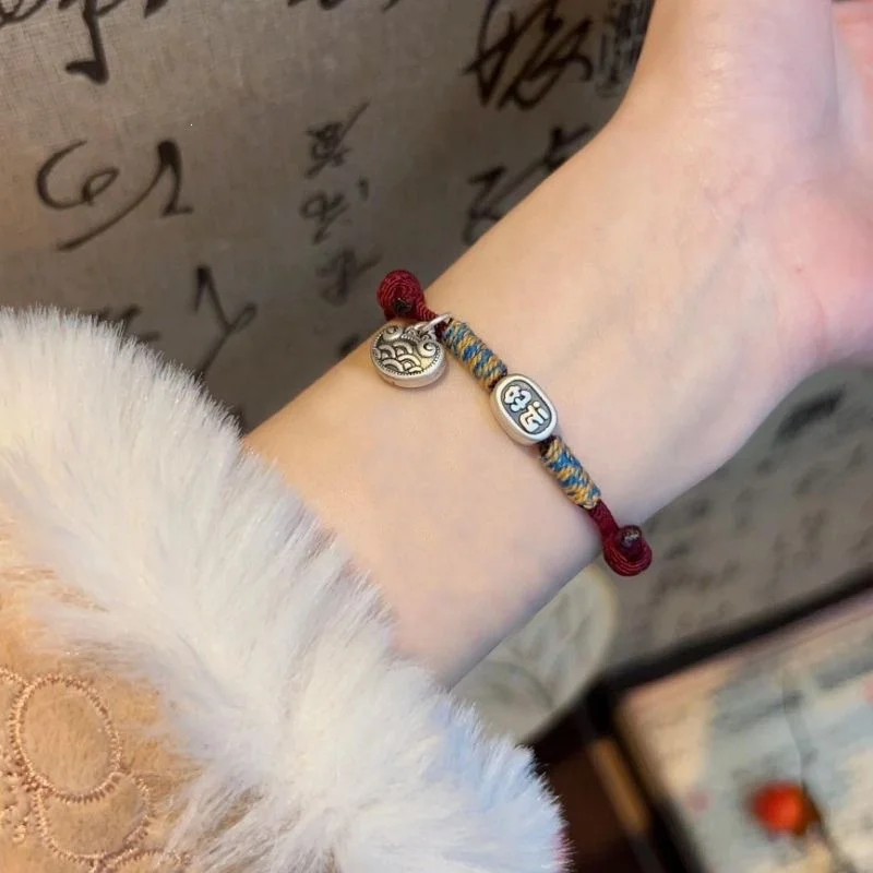 Ethnic Style Braided Rope Chain Bracelet For Lady Hand Accessories Blessing Auspicious Remarks Pendant Bead Bracelet Women