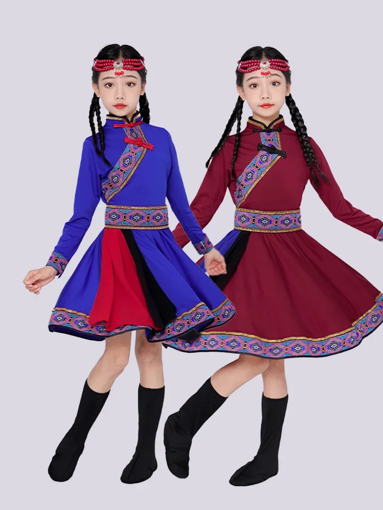 Traje mongol con palillos para niña, traje de actuación de baile de Caballo Blanco, top bowl, vestido de baile nacional, novedad de 2024