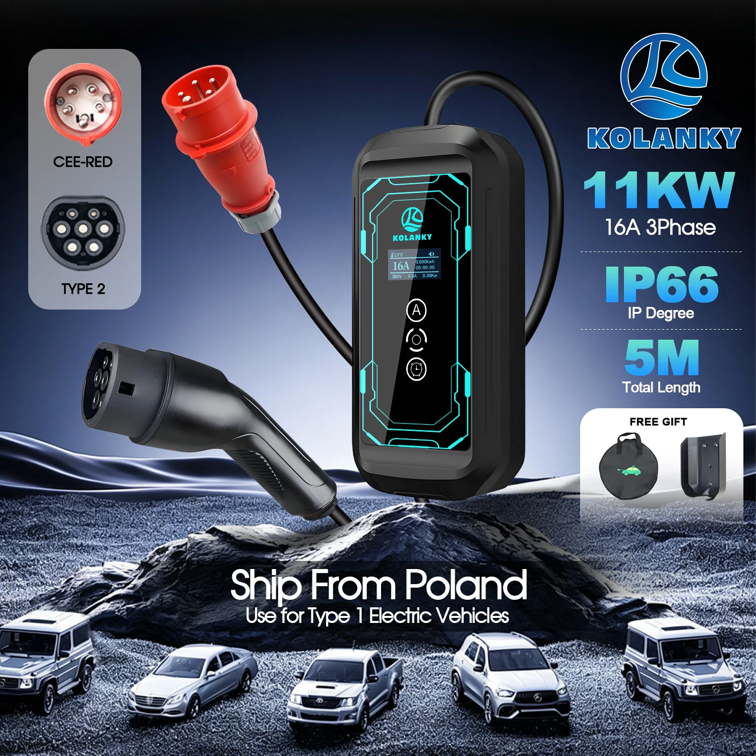 Kolanky Tragbares EV-Ladegerät 16A 11KW EU-Standard Typ 2 Stecker Einstellbarer Strom Zeitverzögerung 1-15 Minuten Elektrofahrzeug-Ladestation 5M