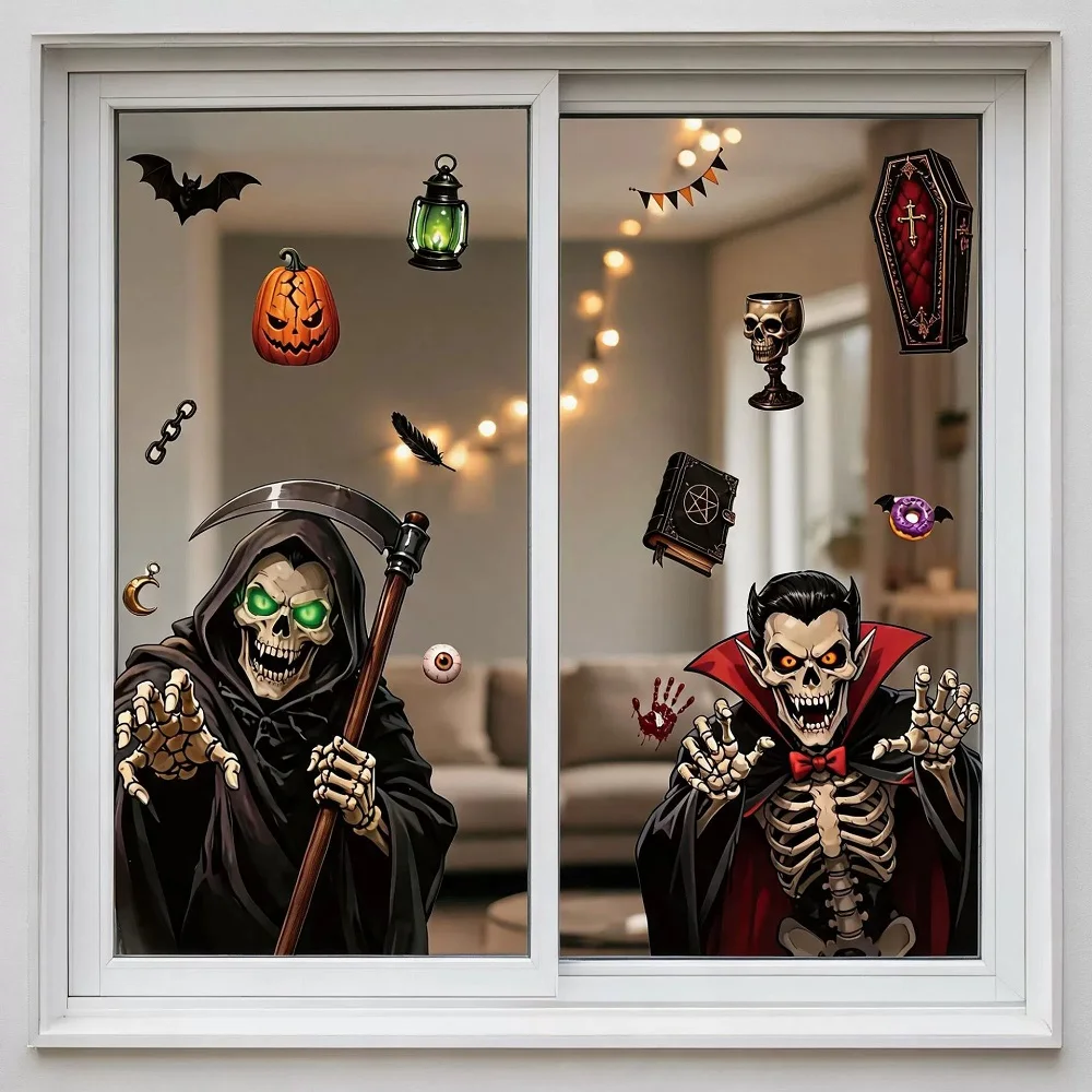 Cartoon-Totenkopf-Totenkürbis-Halloween-Dekoration Fenstersticker PVC Statische Aufkleber für Wohnzimmer und Glastüren