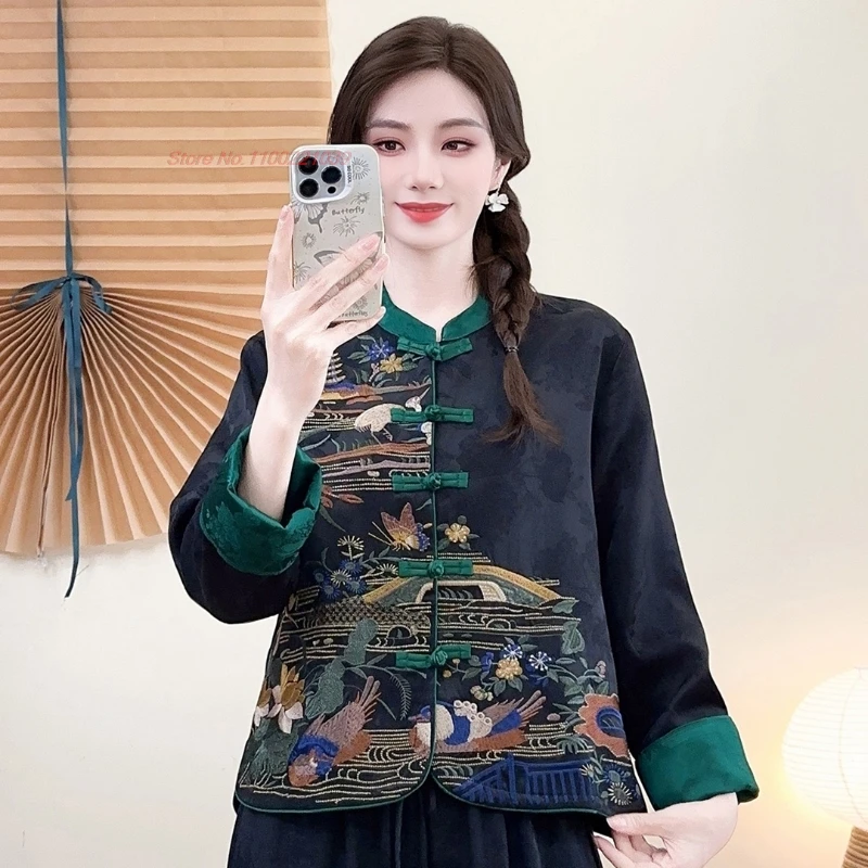 

2025 г., этническое пальто с национальной цветочной вышивкой, улучшенная китайская куртка, топы ханьфу, традиционное жаккардовое винтажное пальто с воротником-стойкой