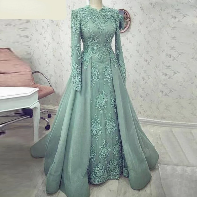 

Turquoise Muslim Lace Evening Dresses Long Sleeve Appliques A-Line Prom Gown Dubai Arabic Special Occasion Formal Dress Abiye