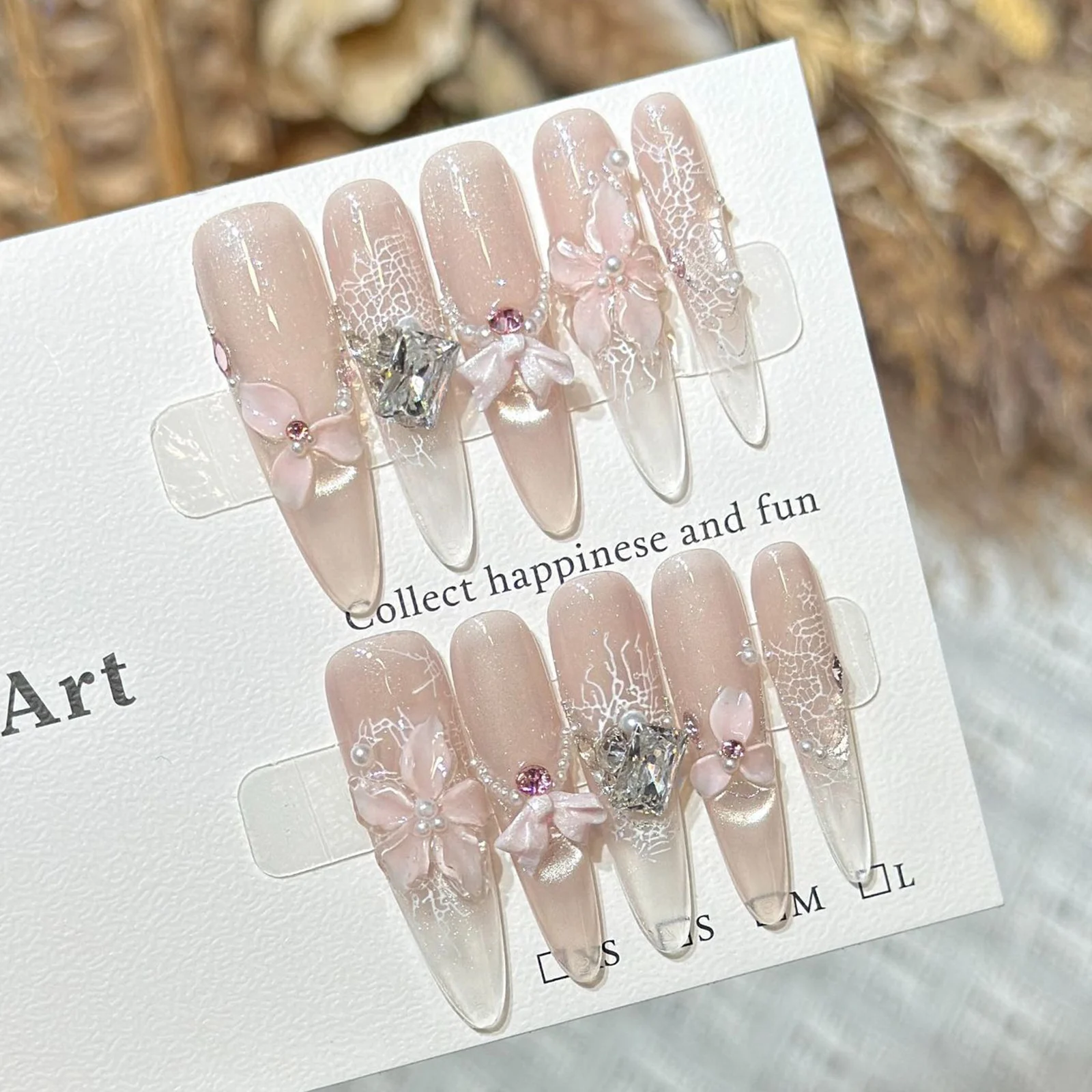 10pcs 3D Pink Floral Press On Nails Glitter French Style False Nails with Butterfly Bowknot Rhinestone Pearls DIY Elegant Nails - view 2