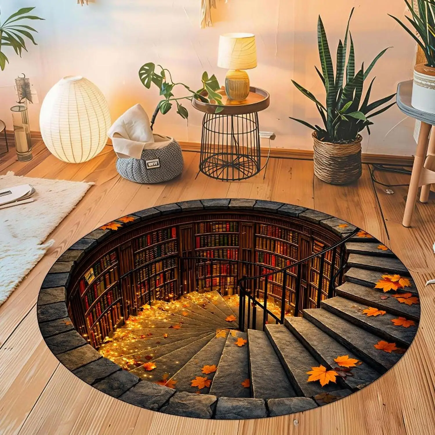 【Room Decoration Carpet】3D Bookshelf Round Carpet, Magic Spiral Library Theme Carpet, Bookshelf Pattern Floor Mat, Reading Corner Decoration, Dark Academy Style Carpet, Carpet for Book Lovers
