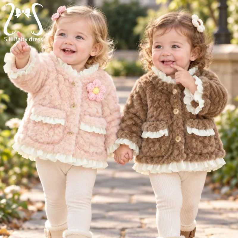 Infant Baby Girl Winter Plush Coat 3D Floral Applique Ruffle Hem Fuzzy Fleece Jacket Toddler Children Warm Casual Outerwear