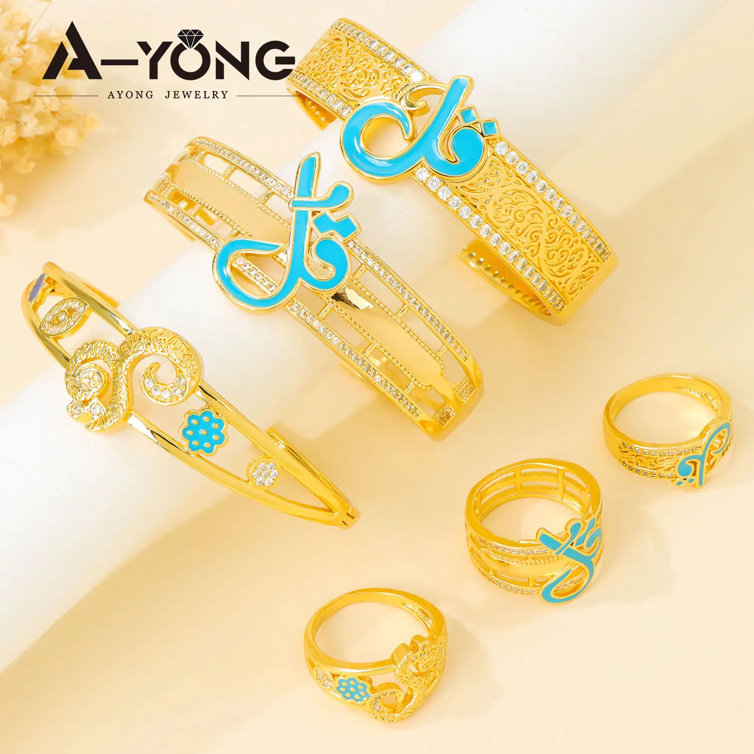 Traditional Arabic Exotic Opening Bangles Set 21k Gold Plated Middle Eastern Classic Bracelet Ring Algeria Women Wedding Jewelry