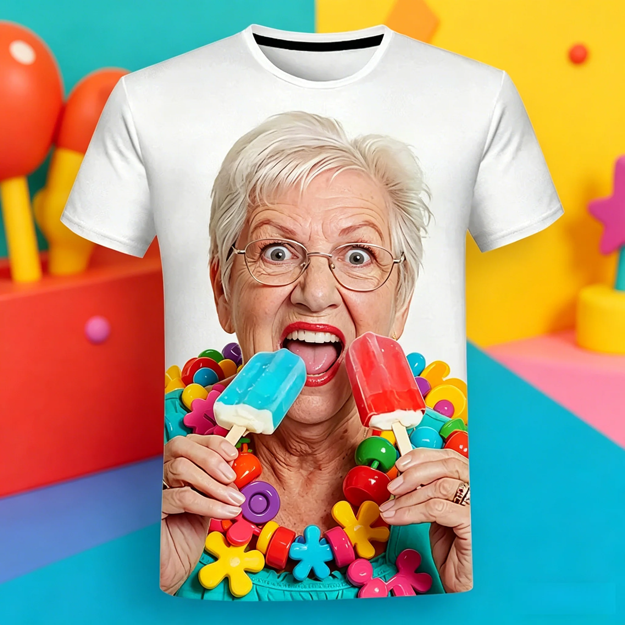 T Shirt  New Creative Funny 3d Printing Cute Men's Clothing Grandma Funny Ice Lolly Casual Shirt Loose Oversize Top