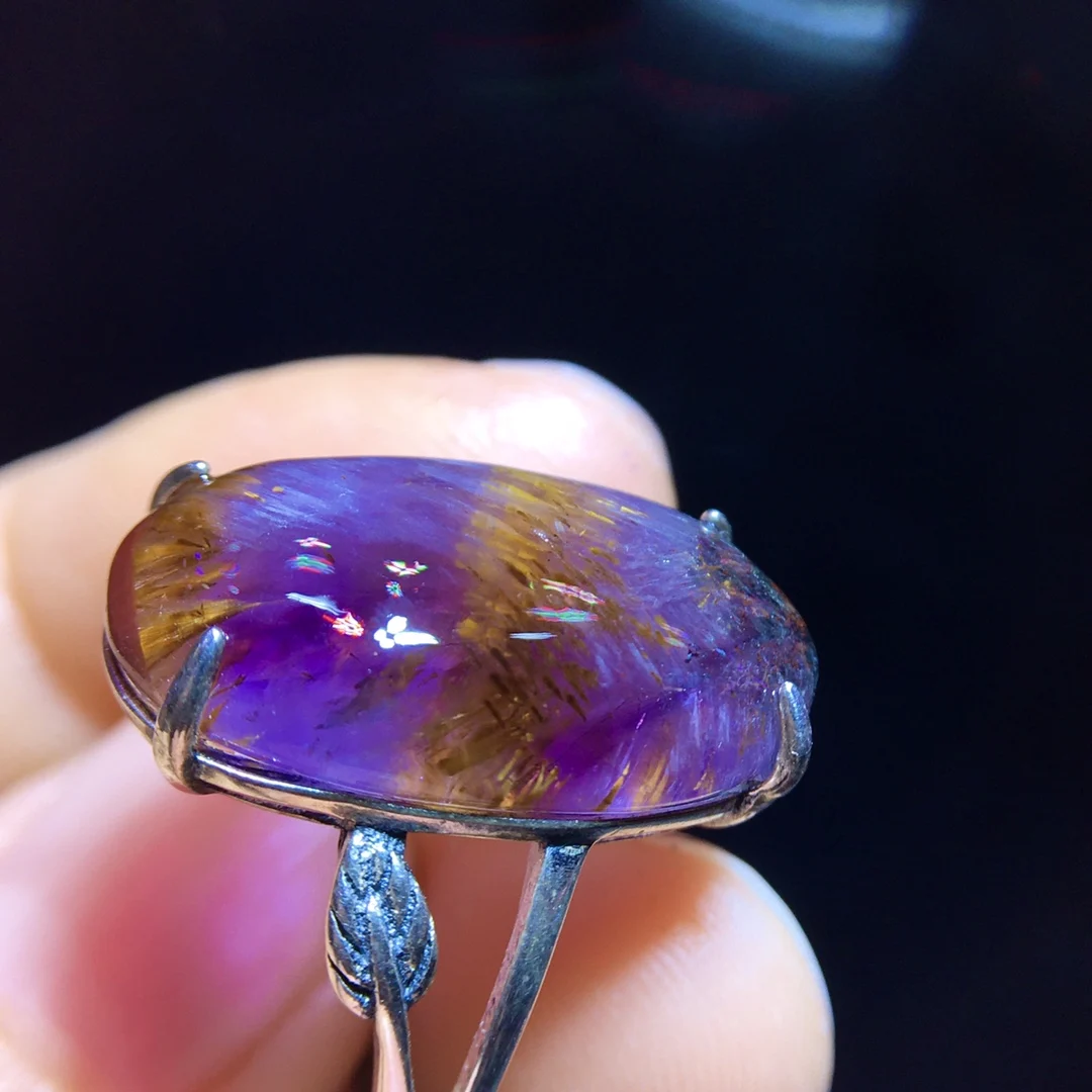 

Natural Purple Cacoxenite Rutilated Adjustable Ring 21.3/13.1mm Fashion Gift Auralite 23 Ring Healing AAAAA