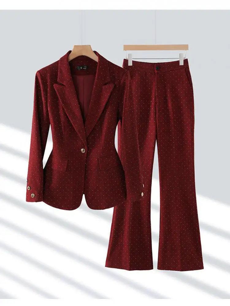 

Autumn Winter Women Office Gray Two Pieces Set 2024 Red Single Button Diamonds Blazer Tops And High Waist Wide Legs Pant Suit