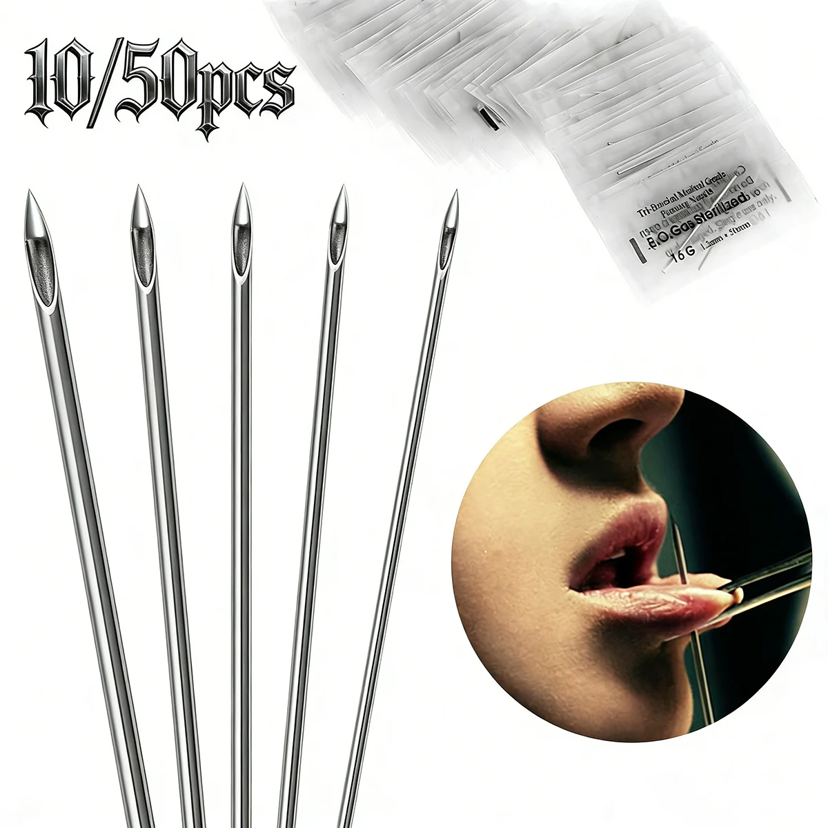10/50Pcs Body Piercing Needles Sterile Disposable Surgical Steel Needle For Ear Nose Navel Nipple Lip Tongue Piercing Supplies