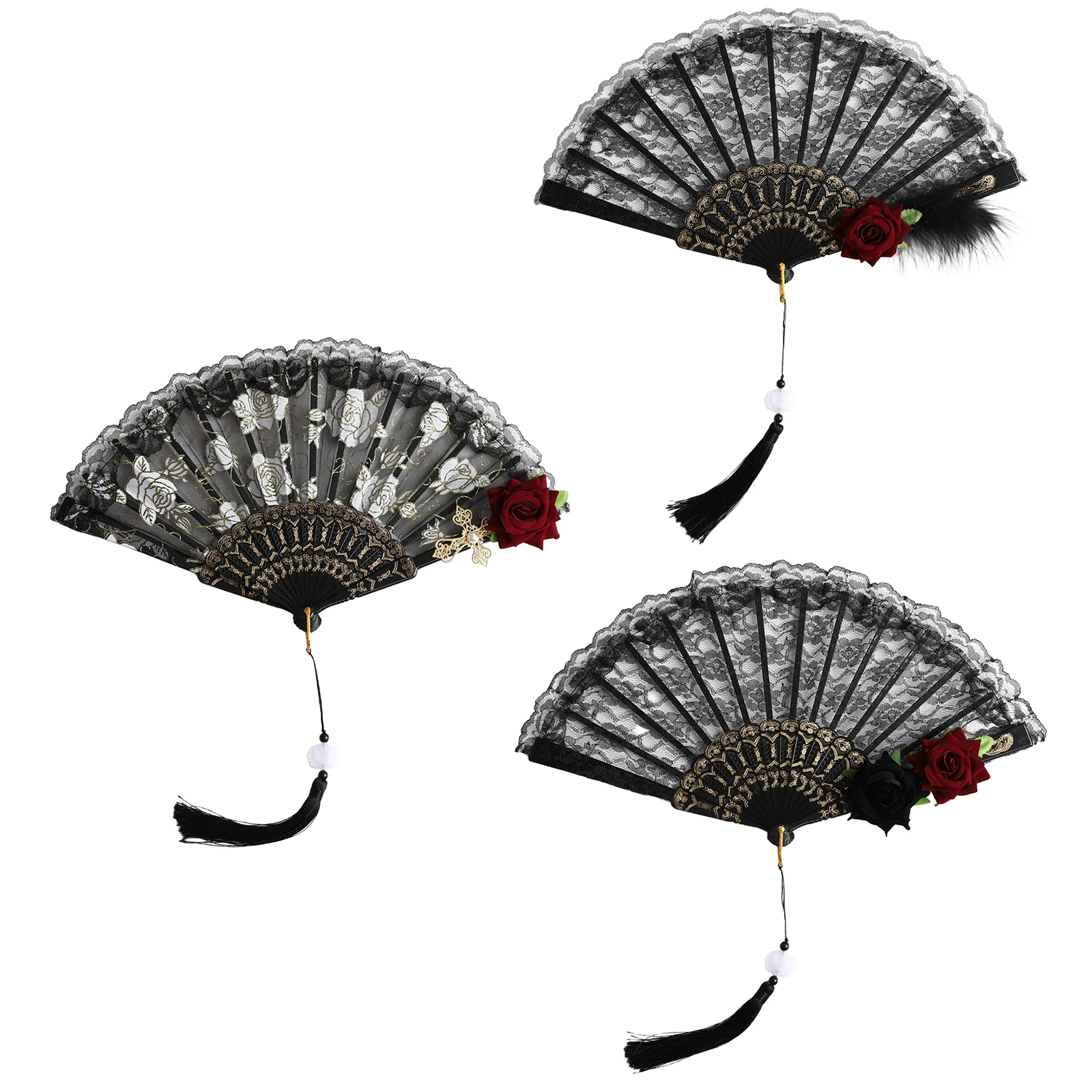 Lace Hand Fan Rose Handheld Vintage Retro Flower Folding Fan for Women Lace Dancing Gift European Style for Cosplay Photo Props