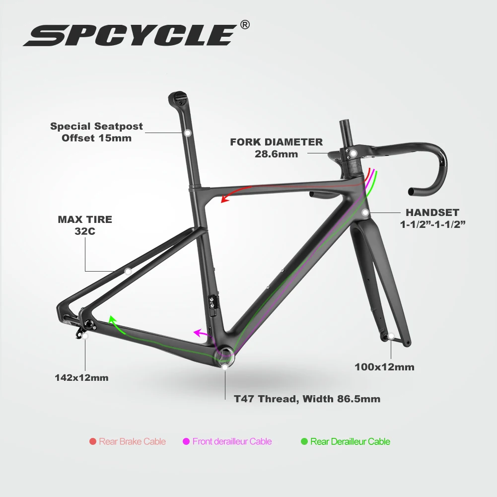 Spcycle 053D-SL Road Bike Carbon Frame Full Internal Cable 700x32C Disc Brake Carbon Road Frameset With Handlebar