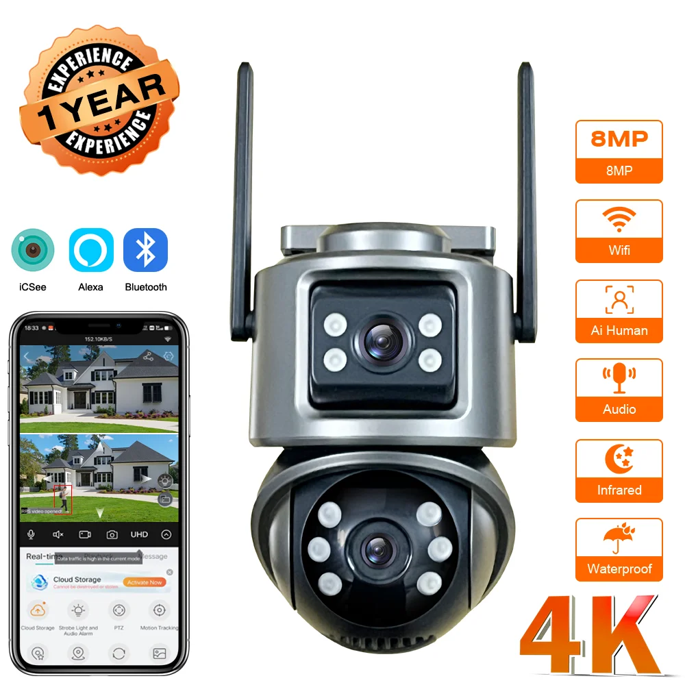 

8MP 4K PTZ Wifi Camera with Dual Lens Dual Screens AI Human Detection Wireless Outdoor CCTV Security IP Camera ICSEE App