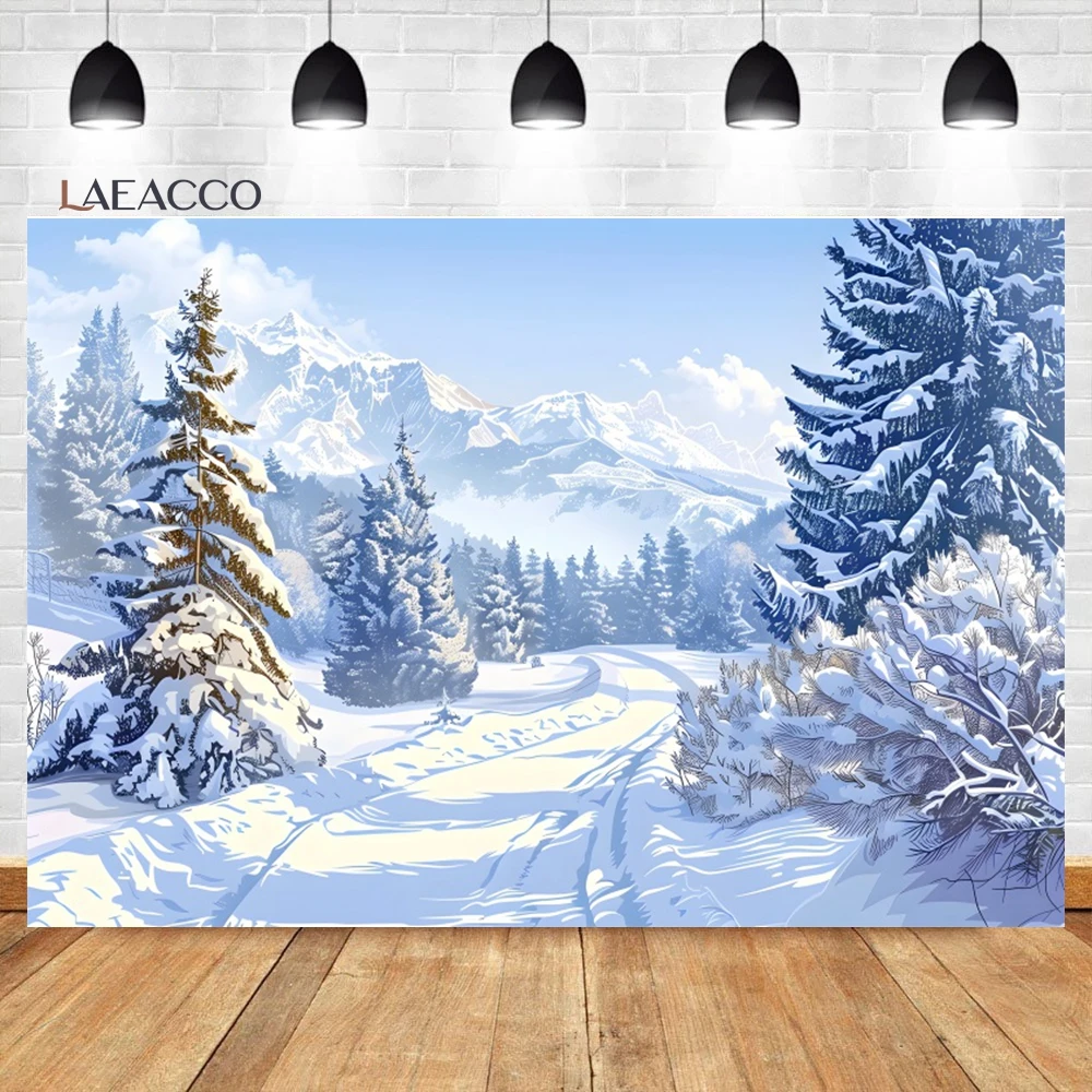 Laeacco Winter Wonderland Backdrop Snow Covered Pine Trees Winter Forest Landscape Christmas Portrait Photography Background