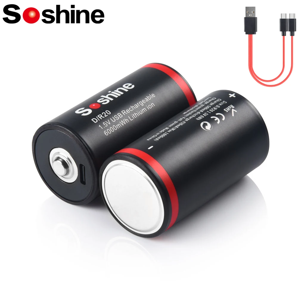 

Soshine 1.5V 6000mWh Lithium Battery USB 6000mWh D Size Batteries Li-ion Rechargeable Batteries for Electric Guitar Microphone