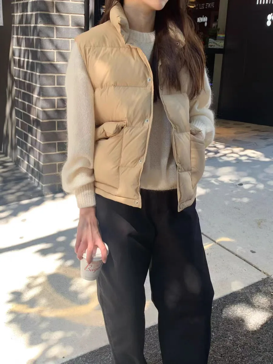 

Женский свободный пуховый жилет, однотонный дизайн с воротником-стойкой, верхняя одежда, многослойная майка, зимняя теплая майка на одной пуговице