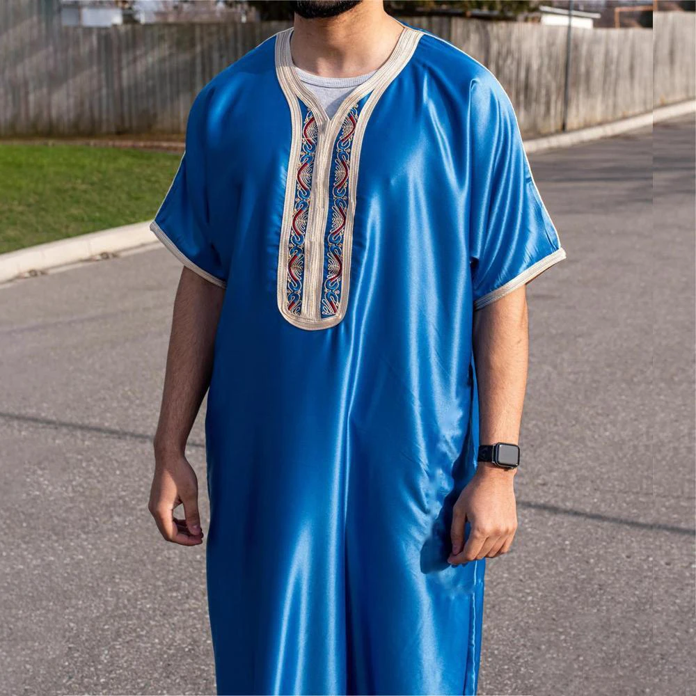 Muslim Middle East Arab Arab Islamic Juba Ethnic Style Vintage Traditional Loose Casual Embroidered Satin Short Sleeve Robe Man