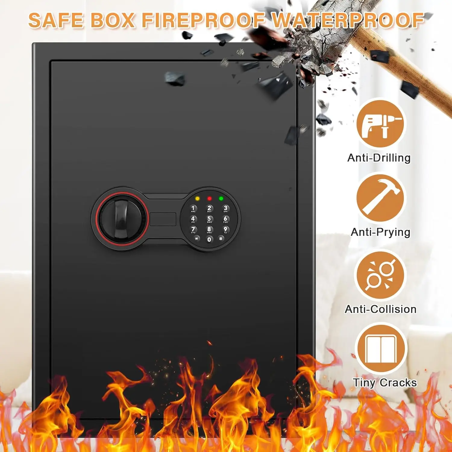 3.3 Cub Large Home Safe Fireproof Waterproof, Anti-theft Fireproof Safe Box with Programmable Keypad, Spare Keys and Removable S