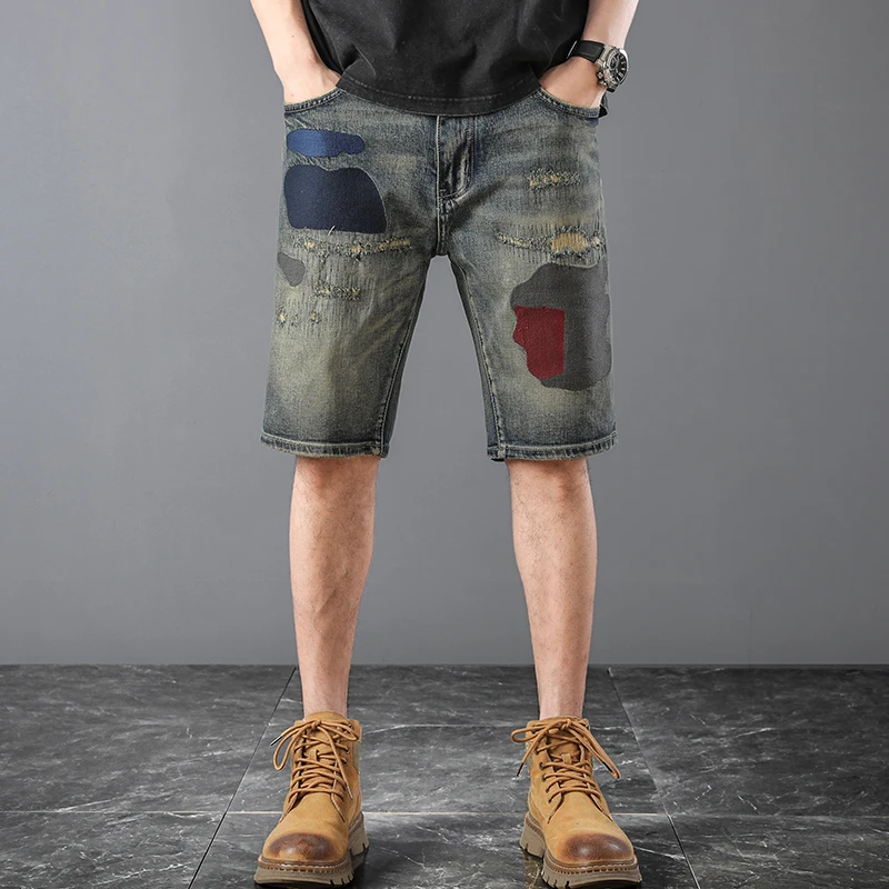

1012 denim shorts, men's light luxury five-inch pants, embroidered straight-leg, versatile, trendy, fashionable, ripped fashion