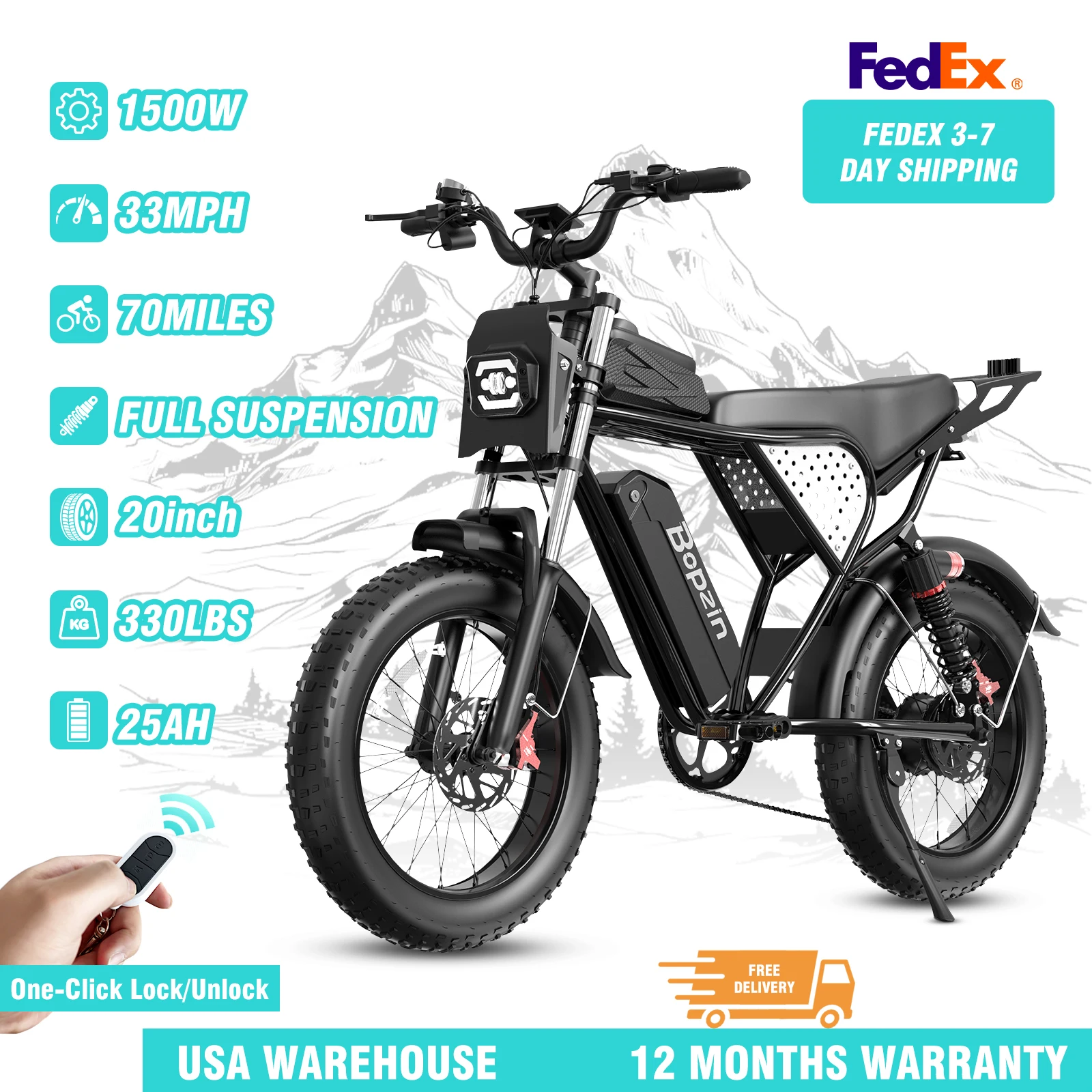

Electric Bike for Adults Peak Motor 1500W Off-Road Battery 48V 20Ah 20"x4.0" UL 2849 Certified E Dirt Bike Fat Tire