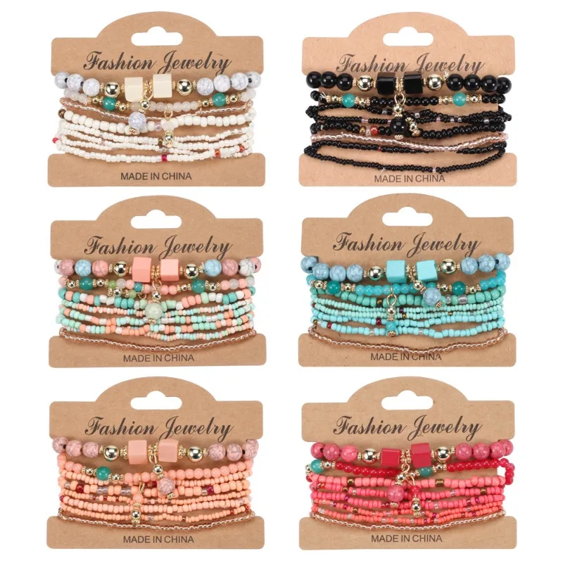 8PCS Beaded Bracelets for Women, Multilayered Stackable Strand Stretch Bead Bracelet Pack Handmade Trendy Bohemian Charm Jewelry