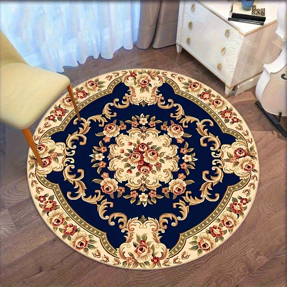 

Crystal velvet carpet2D Flat, Bohemian Floral Round Doormat - Navy Blue & Golden Mandala Design, Machine Washable with Non-Slip