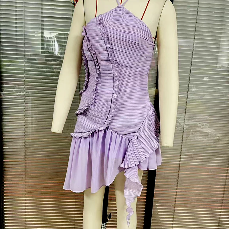 Abito lungo plissettato con volant da donna elegante senza maniche Halter irregolare a strati pieghettato fluido al ginocchio maxi abiti da festa di nozze