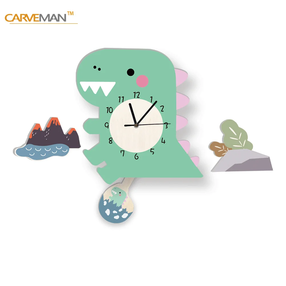 Cartoon Silent Dinosaur Pendulum Wall Clock Kids Toys Cartoon Handwork DIY Movement Clocks for Boys Room Kids Room Wall Decor