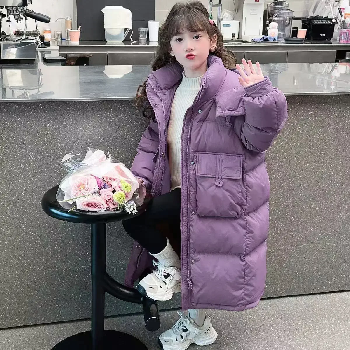 -30℃ Winter New Girls Jacket Long Solid Color Thick Keep Warm Hooded Windbreak Coat For 6-14 Years Teen Girls Fashion Snowsuit