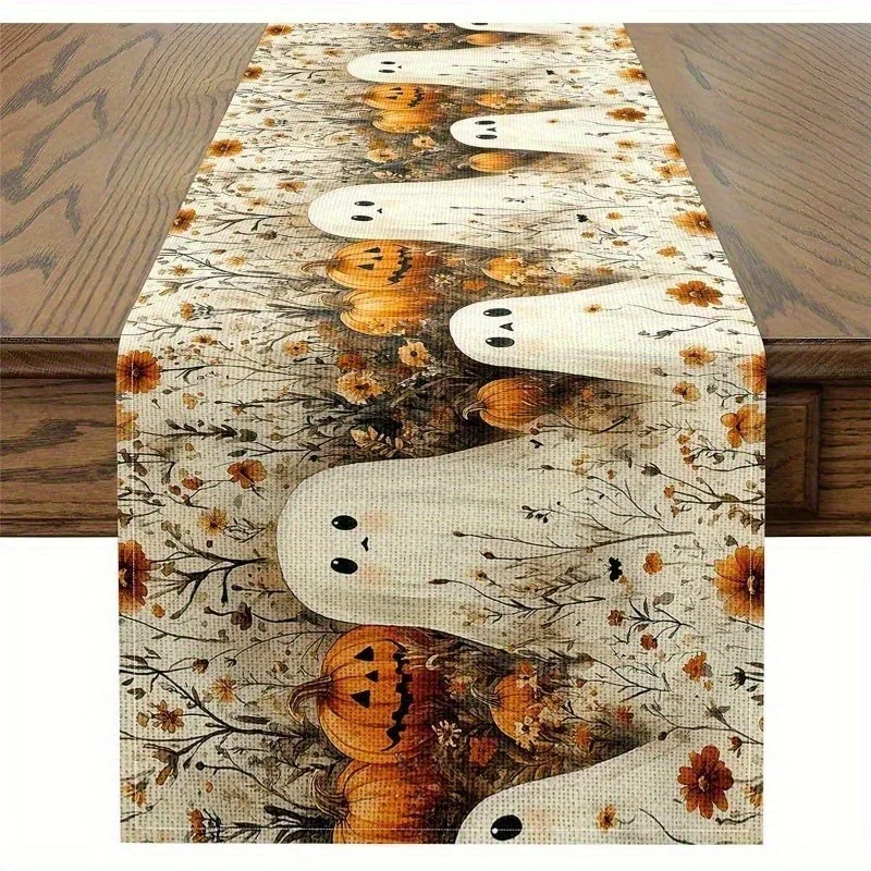 2pcs Halloween Black Cat Ghost Pumpkin Spider Web Table Runner Heat Resistant Non Slip Holiday Dining Kitchen Table Decor