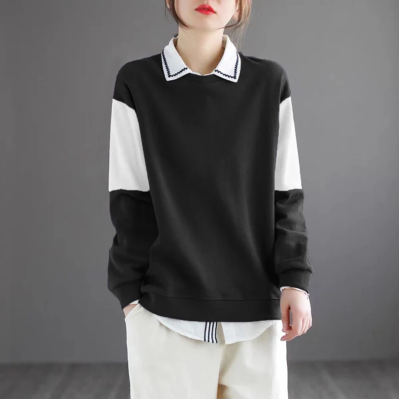 Autumn Winter Elegant Fashion Harajuku Sweatshirt Lady All Match Tops Women Casual Patchwork Pullover Chic Long Sleeve Hoodies