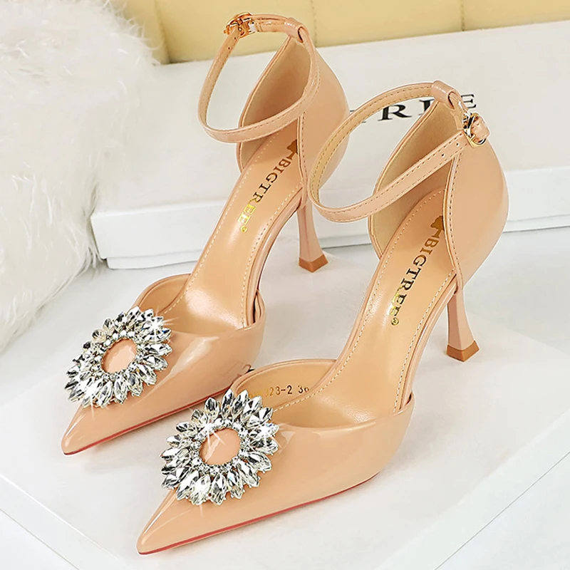 BIGTREE Shoes Buckle Women Pumps Rhinestone High Heels Patent Leather Lady Heels Sexy Party Shoes Women Summer Low Heel Sandals