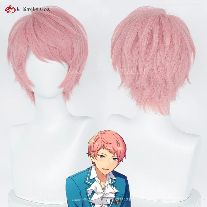 Game  ES Itsuki Shu Cosplay Wigs Pink 30cm Short Heat Resistant Synthetic Hair Halloween Party Anime Wig + Wig Cap