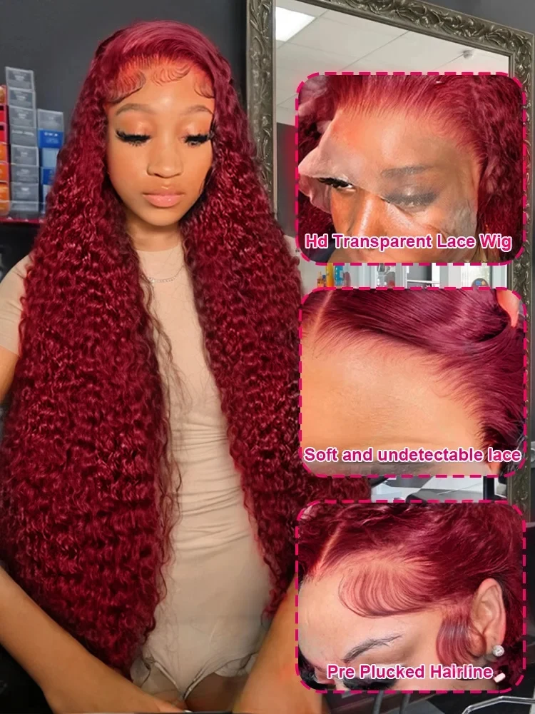 250 Density 40 50 Inch 99J Burgundy Curly 13x6 Hd Lace Frontal Human Hair Wig Brazilian 13x4 Red Color Deep Wave Lace Front Wigs