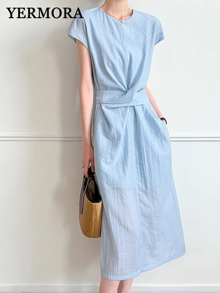 

YERMORA women blue knot bandage brief casual dress o-neck short sleeve loose new sundress fashion tide spring summer 2025